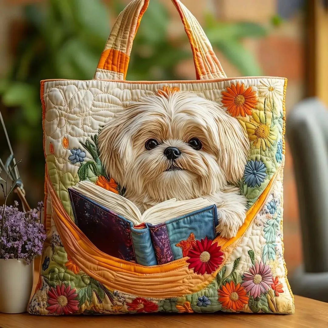 Ročna torbica - Shih Tzu z napisi in cvetlicami